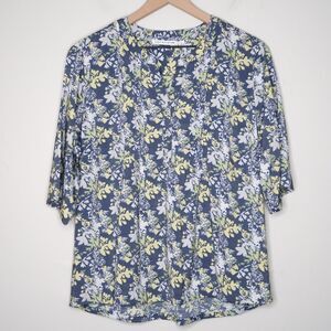 Notations Womens Blouse Large Blue Yellow Floral Flowy Office Casual‎ Spring